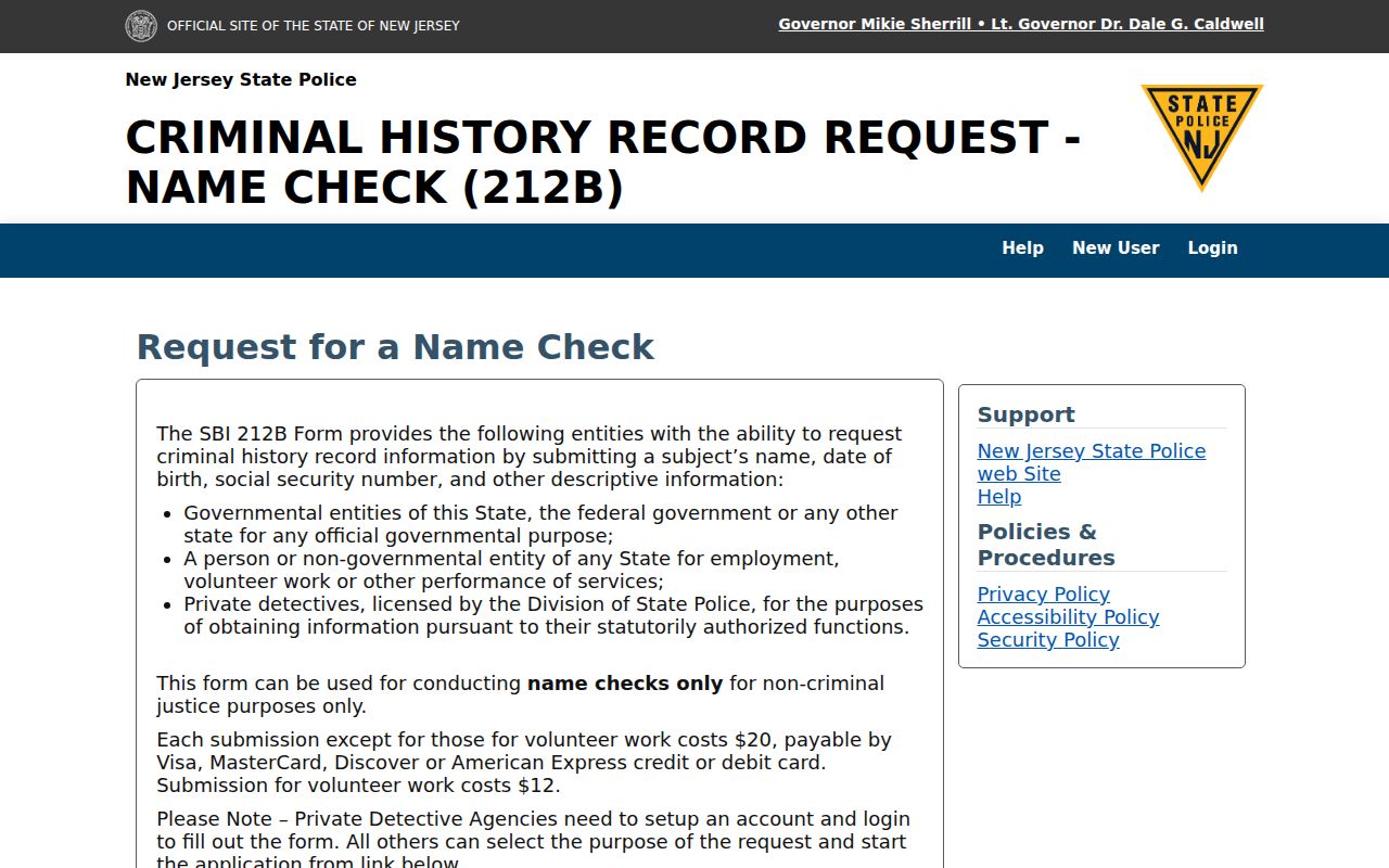 Hudson County criminal history NJSP SBI 212B service page