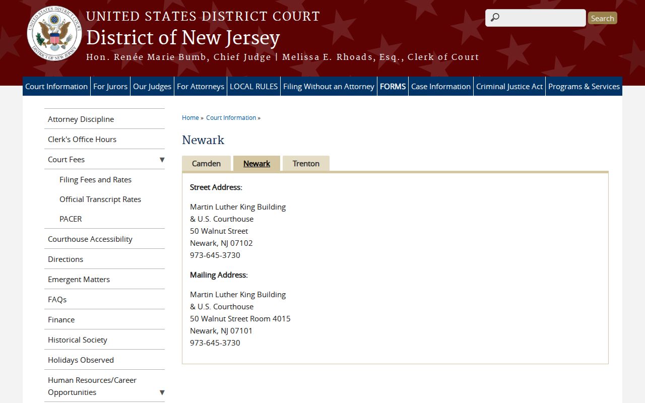 Hudson County criminal history federal court location in Newark