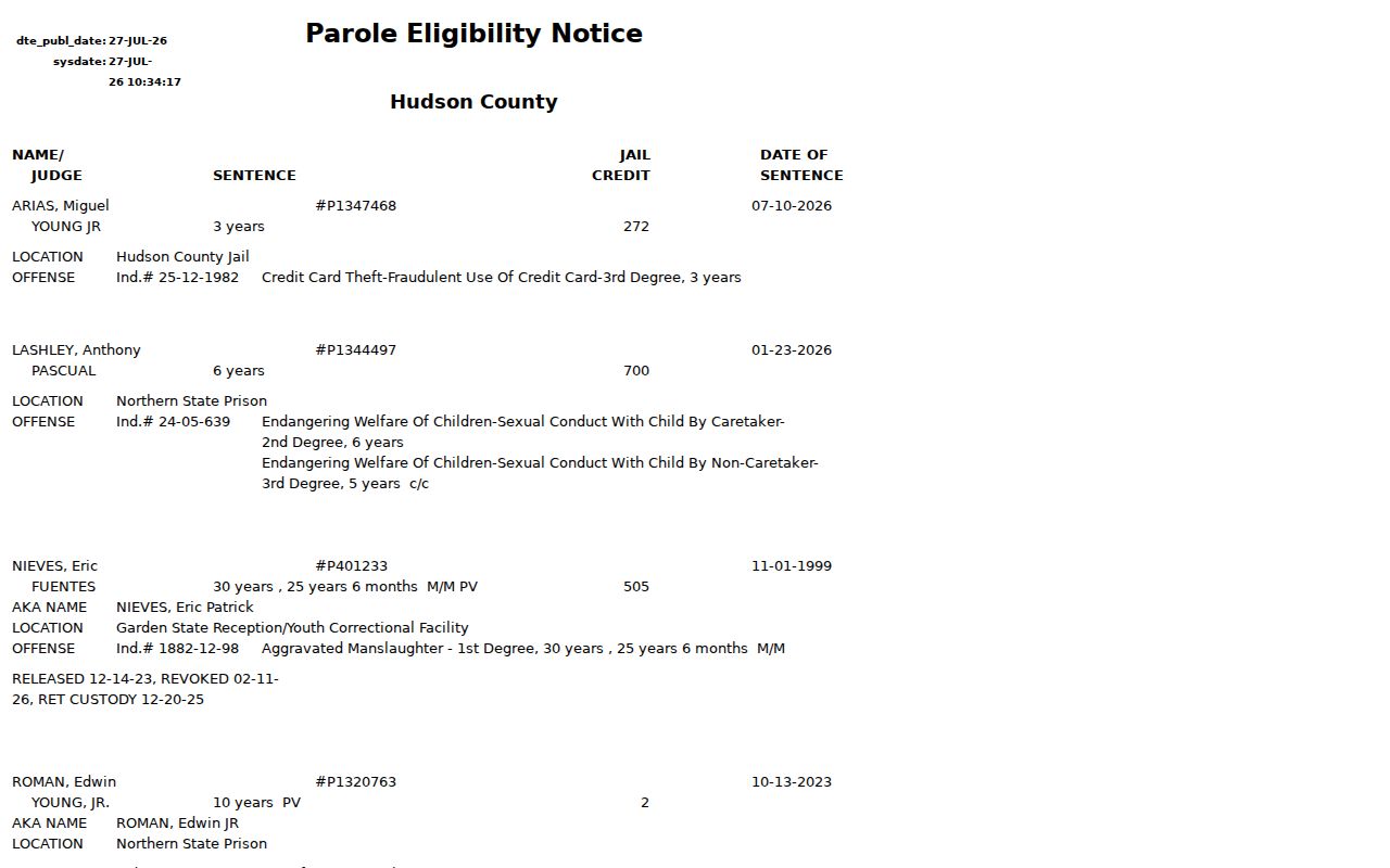 Hudson County criminal history parole eligibility notice fields